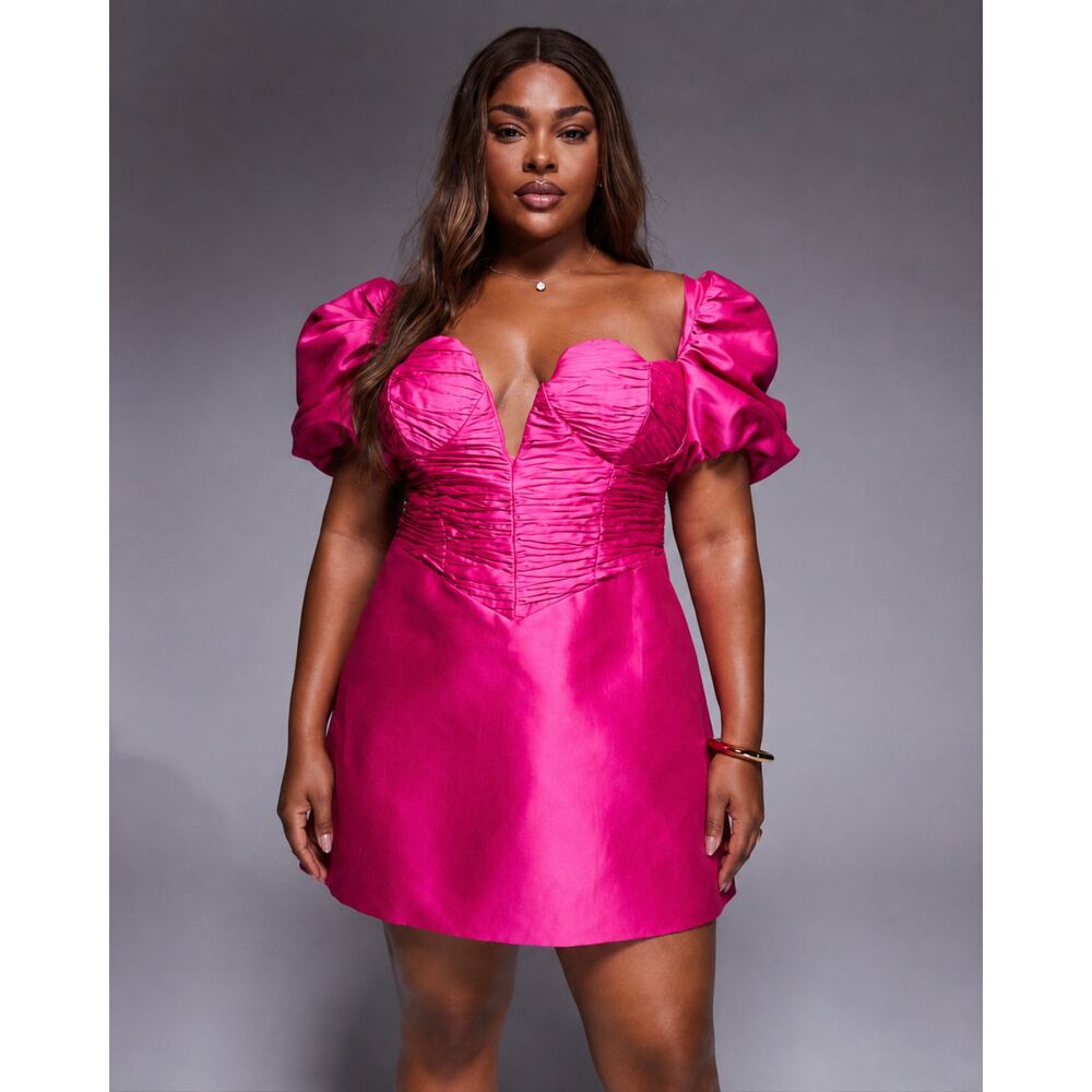 ASOS LUXE Curve US 14 Pink Satin Corset Puff Sleeve Mini Dress NWT Barbie